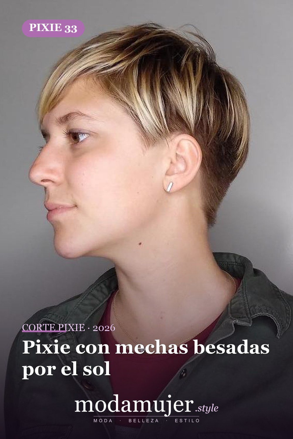 Pixie con mechas besadas por el sol — corte de pixie corto 2026