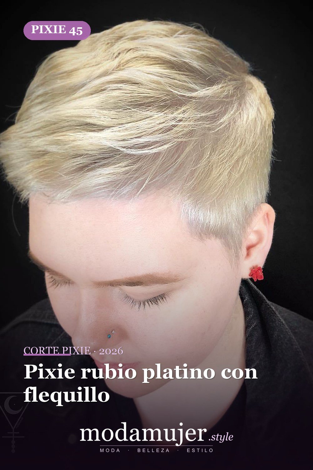 Pixie rubio platino con flequillo — corte de pixie corto 2026
