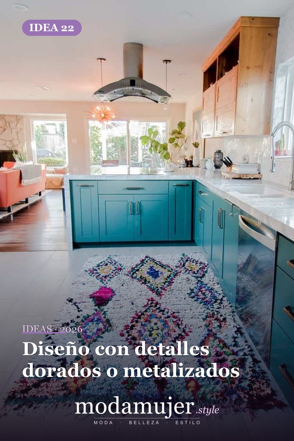 Diseño con detalles dorados o metalizados — Cree un poco de comodidad adicional con estas 40 alfombras de cocina