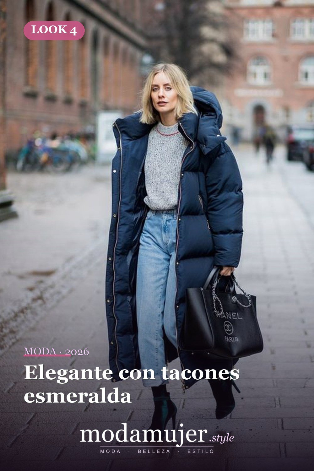 Elegante con tacones esmeralda — Guía de abrigos acolchados: tipos y 23 ideas de looks 2026