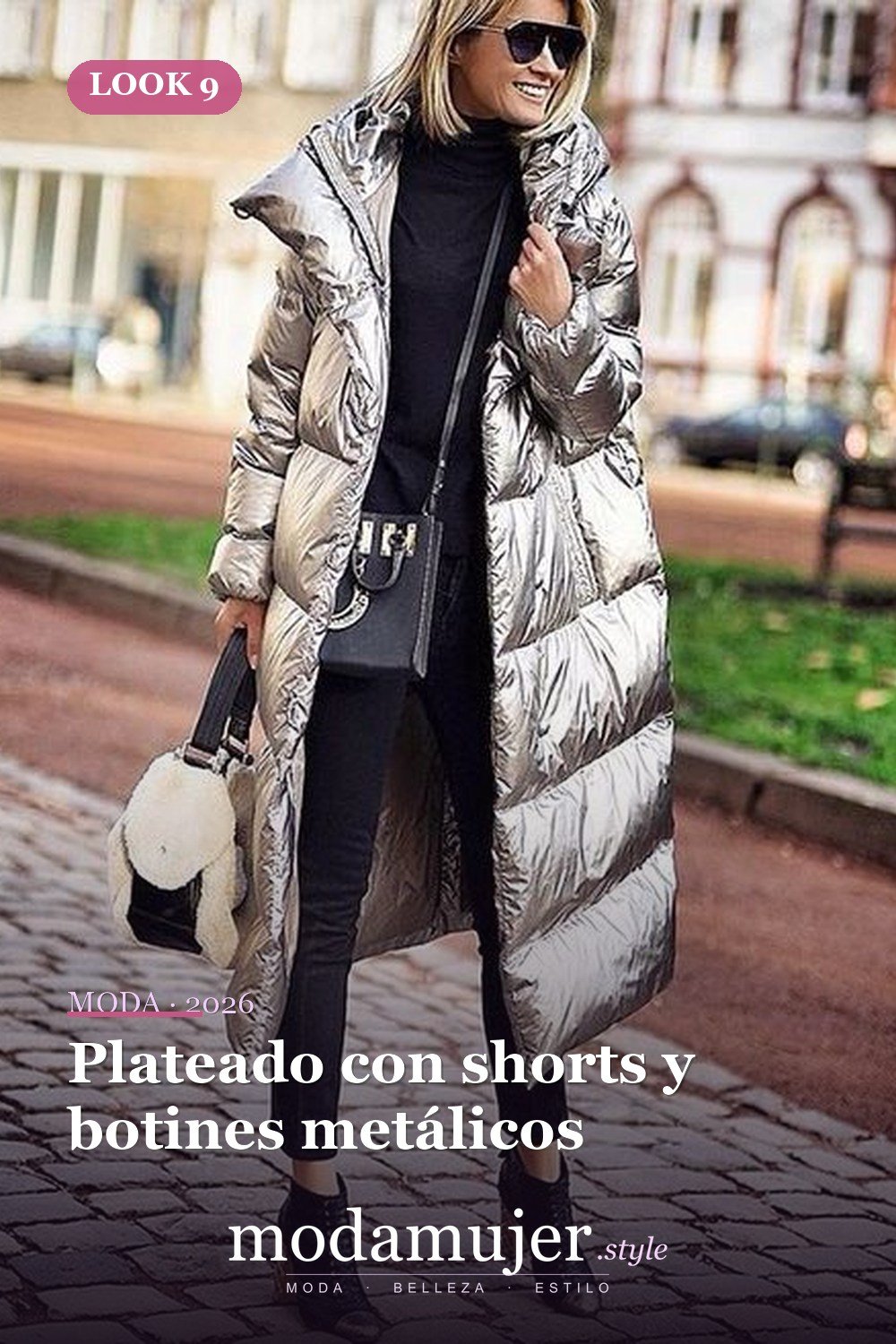 Plateado con shorts y botines metálicos — Guía de abrigos acolchados: tipos y 23 ideas de looks 2026
