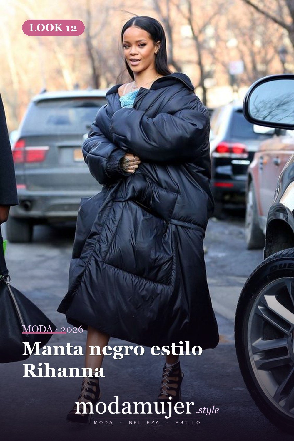Manta negro estilo Rihanna — Guía de abrigos acolchados: tipos y 23 ideas de looks 2026