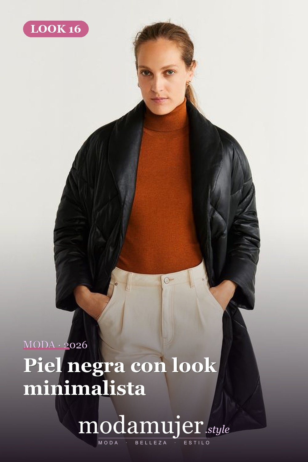 Piel negra con look minimalista — Guía de abrigos acolchados: tipos y 23 ideas de looks 2026