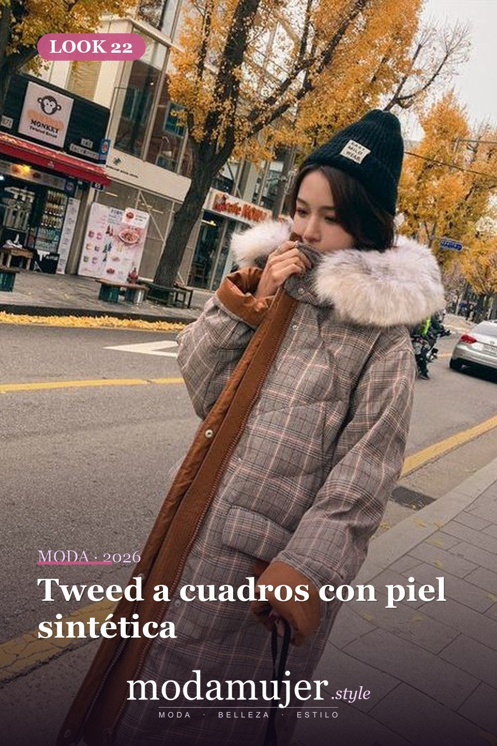 Tweed a cuadros con piel sintética — Guía de abrigos acolchados: tipos y 23 ideas de looks 2026