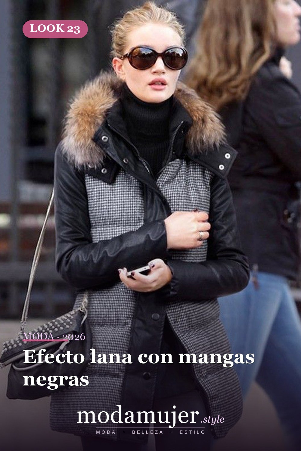 Efecto lana con mangas negras — Guía de abrigos acolchados: tipos y 23 ideas de looks 2026