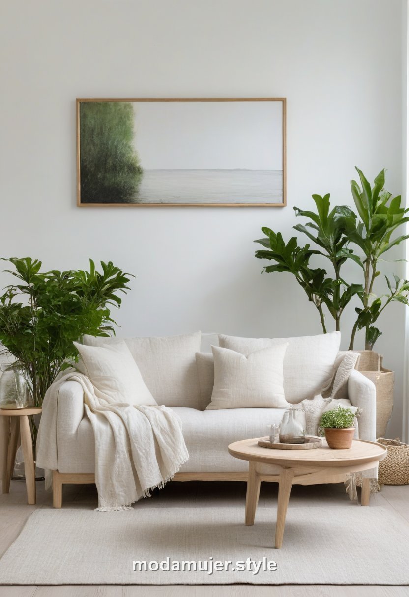 Salón decorado en estilo nórdico con sofá claro y madera