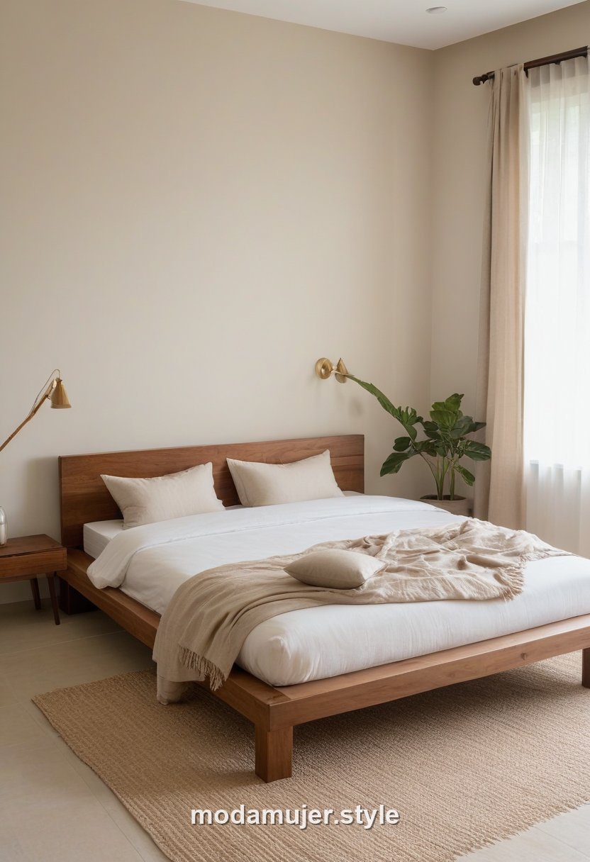 Dormitorio japandi con cama baja de madera y tonos neutros