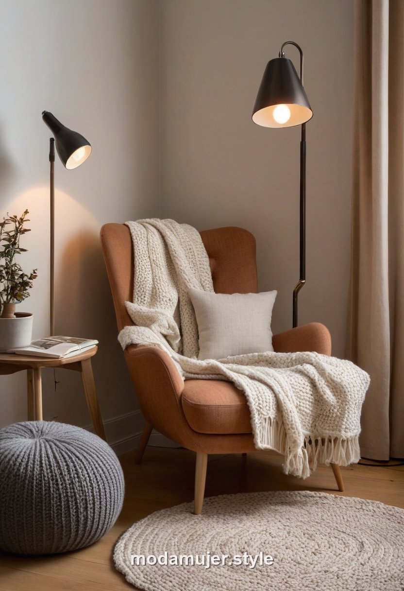 Rincón de lectura acogedor con sillón, manta y lámpara