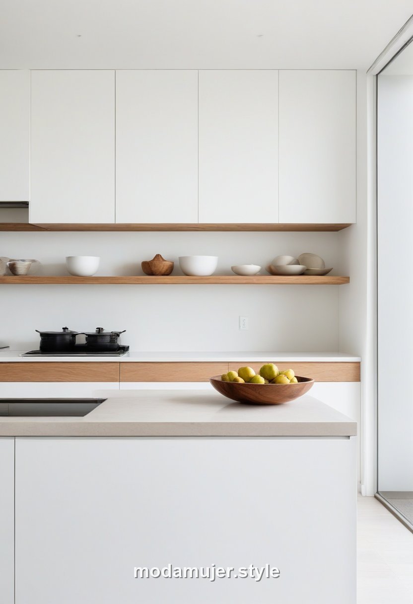 Cocina blanca minimalista con detalles de madera