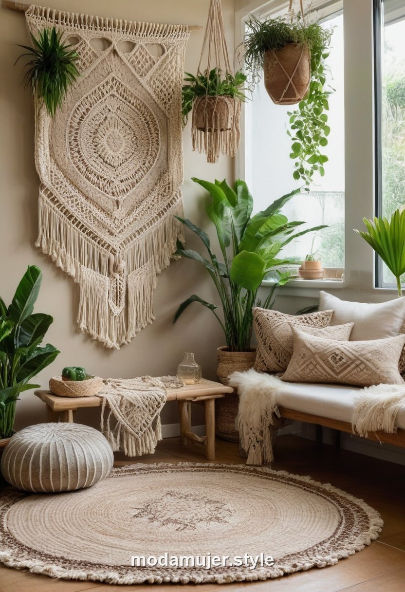 Salón boho con alfombra de yute, macramé y plantas
