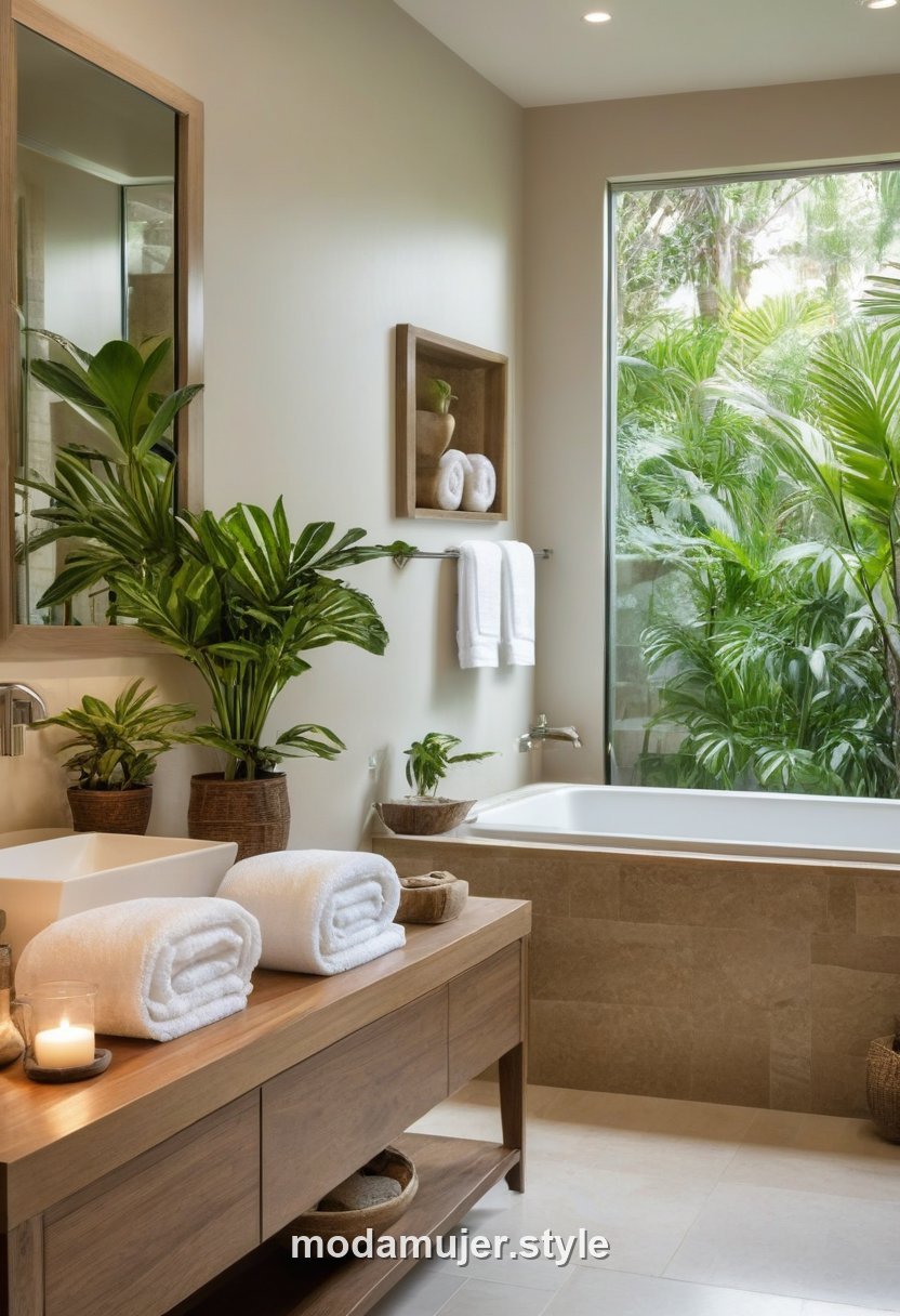 Baño tipo spa con madera, toallas blancas y plantas