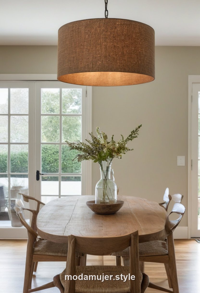 Comedor cálido con mesa de madera maciza y lámpara colgante