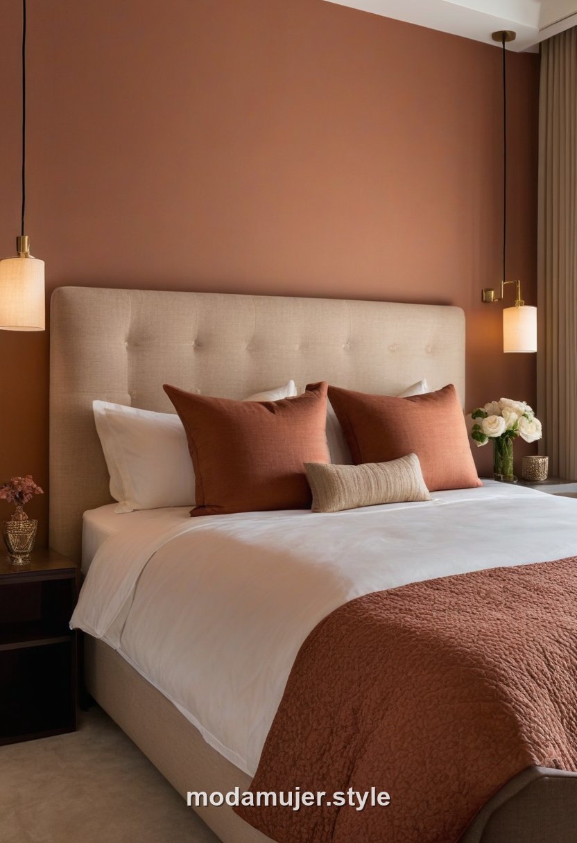Dormitorio decorado en tonos tierra terracota y beige