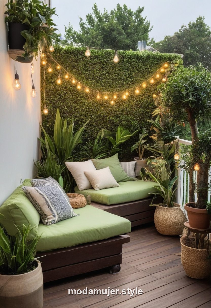 Terraza decorada con plantas, madera y guirnaldas de luces