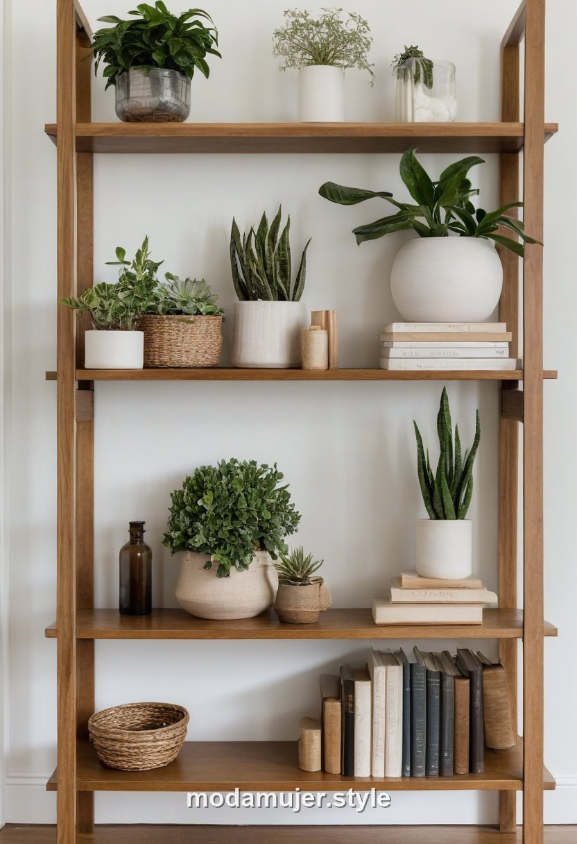 Estantería decorada con libros, objetos y plantas