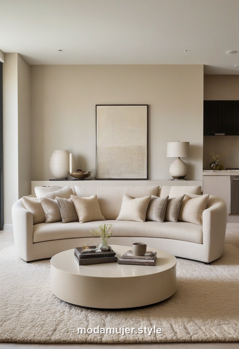 Salón moderno con sofá curvo y mesa de centro redonda