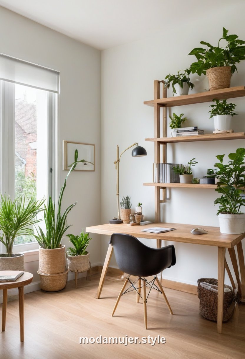 Oficina en casa con escritorio de madera, silla y plantas