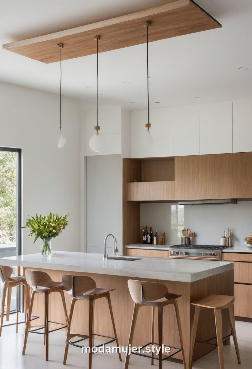 Cocina moderna con isla central y taburetes altos