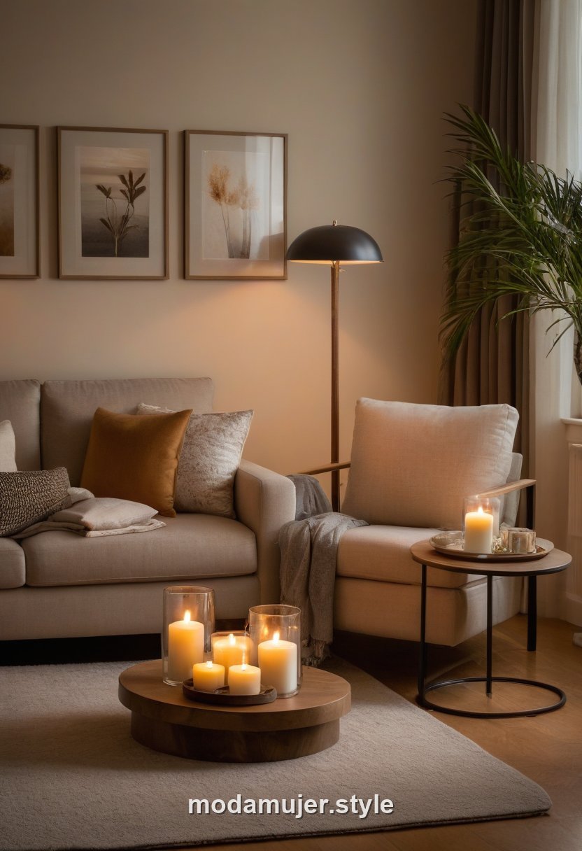 Salón con iluminación cálida de ambiente y varias lámparas