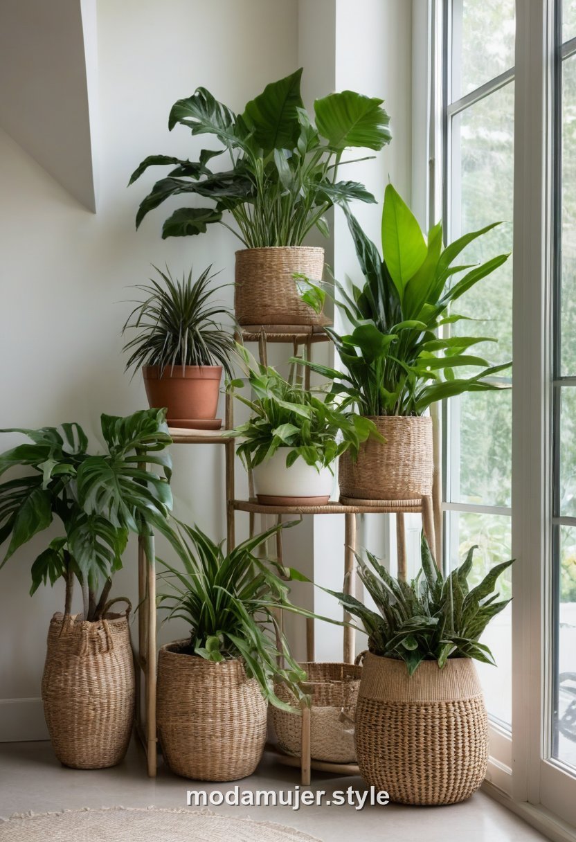 Rincón verde con agrupación de plantas de interior