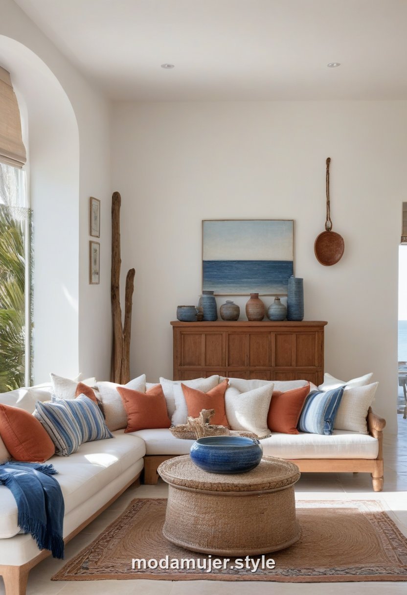 Salón estilo mediterráneo con blanco, madera y detalles azules