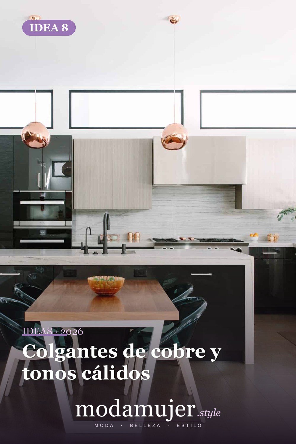 Colgantes de cobre y tonos cálidos — Lámparas de isla de cocina que cambian completamente su decoración Colgantes de cobre y tonos cálidos — Lámparas de isla de cocina que cambian completamente su decoración