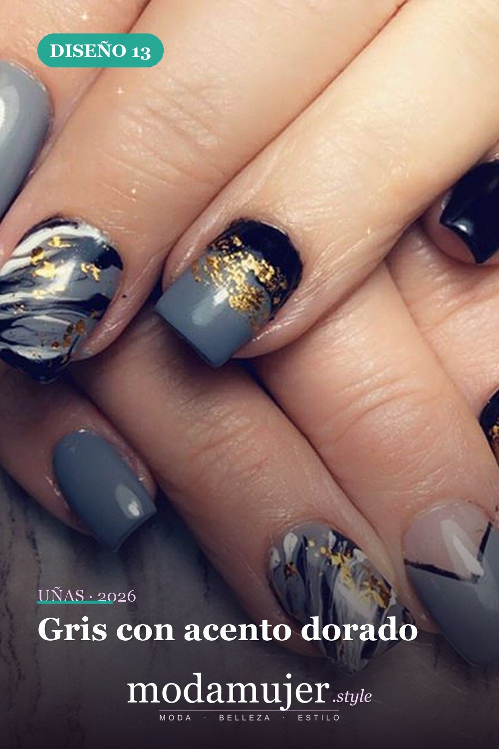Gris con acento dorado — Las 85 mejores ideas grises para uñas que te encantarán