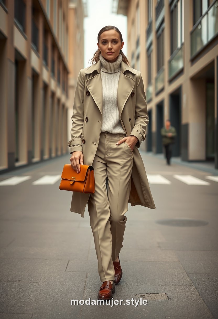 Mujer con look monocromático en beige y abrigo claro