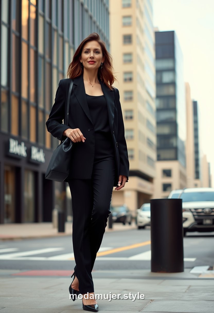 Mujer con look total negro sofisticado