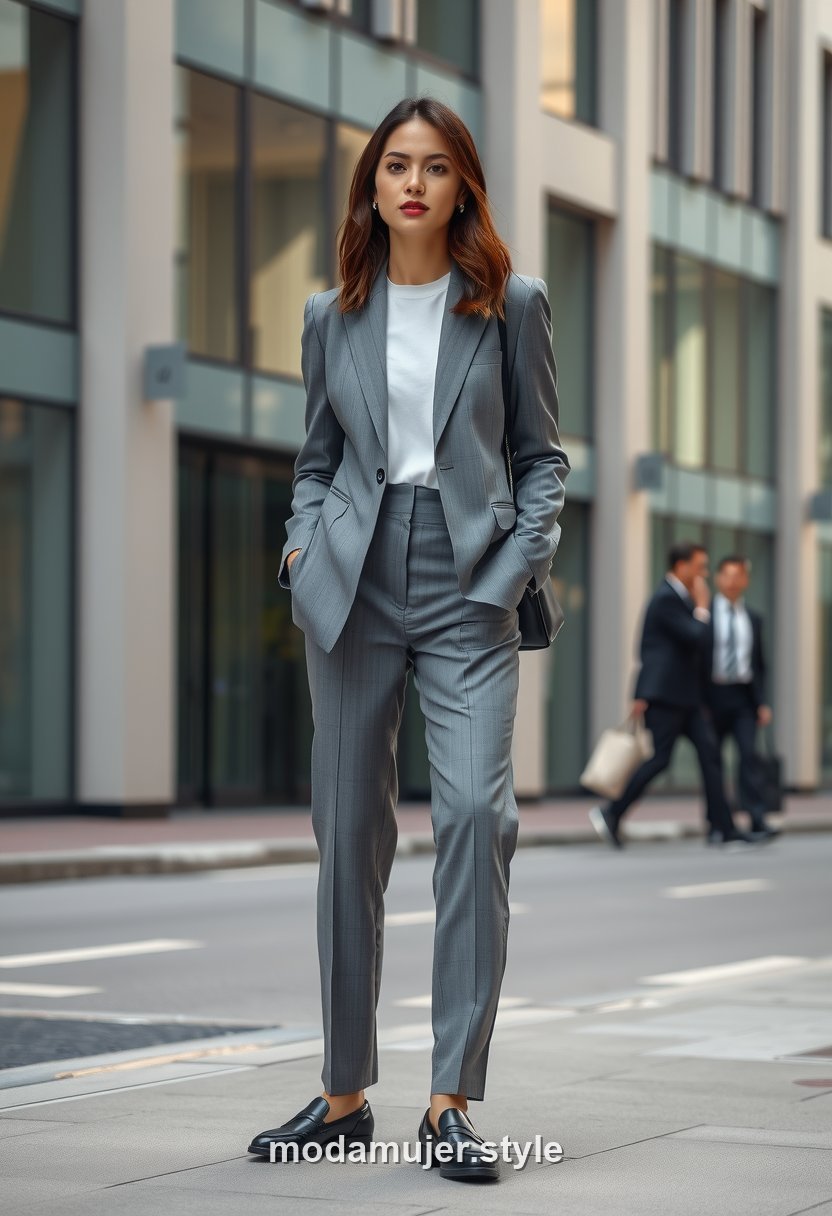 Mujer con traje gris y camiseta blanca