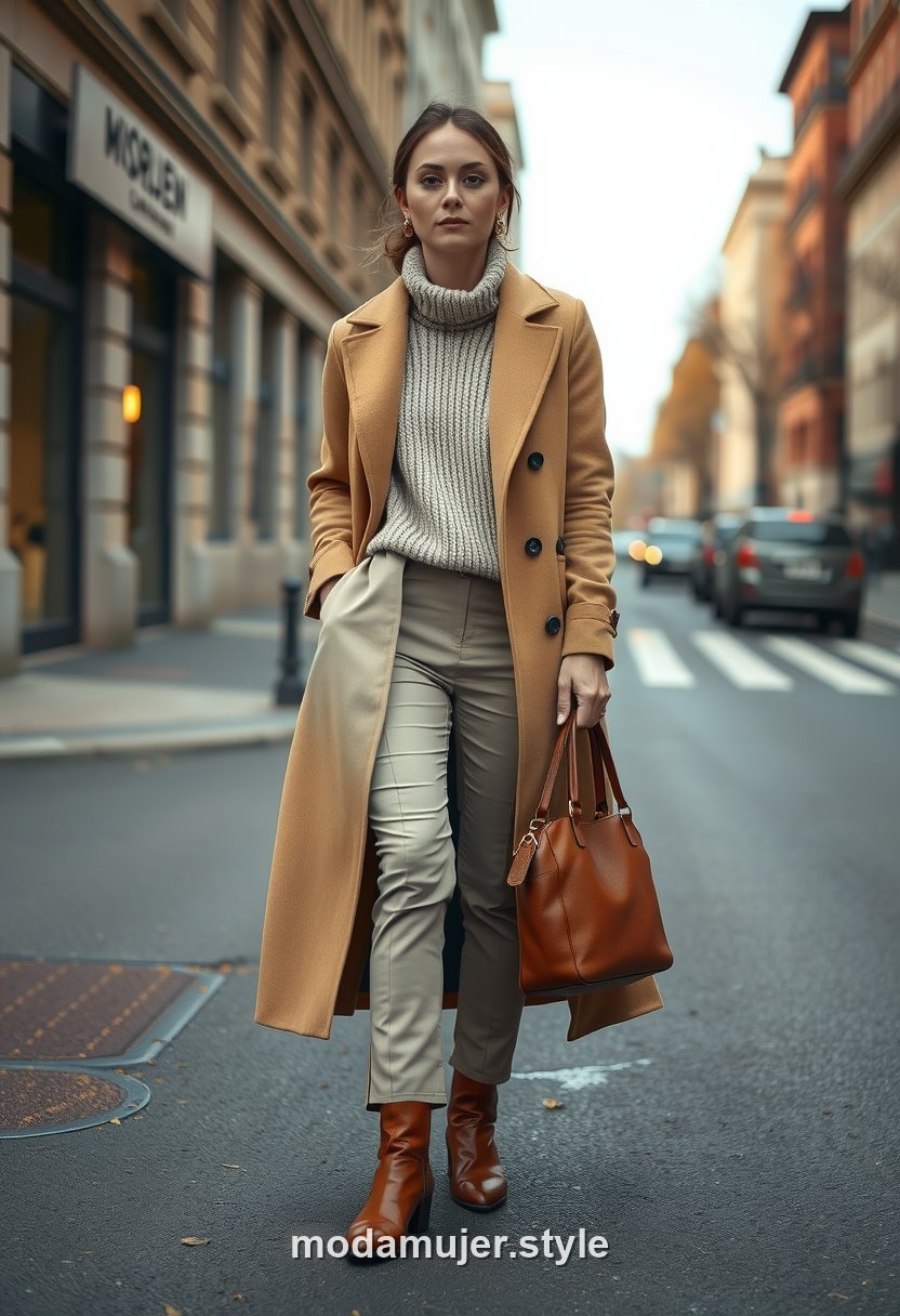 Mujer con abrigo camel y jersey crema