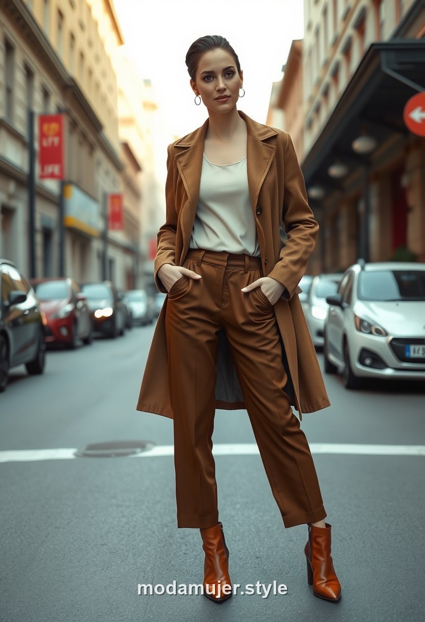 Mujer con look monocromático en marrón chocolate