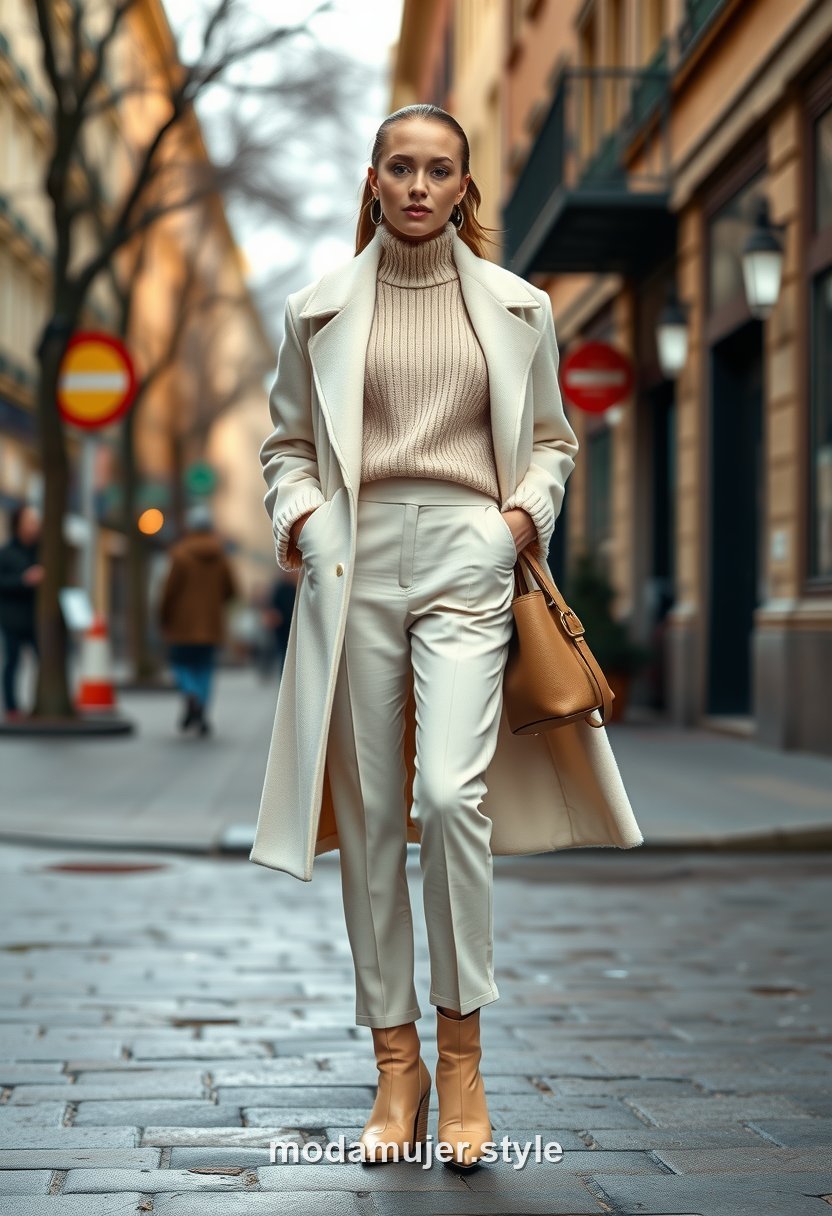 Mujer con conjunto de punto en tono crema