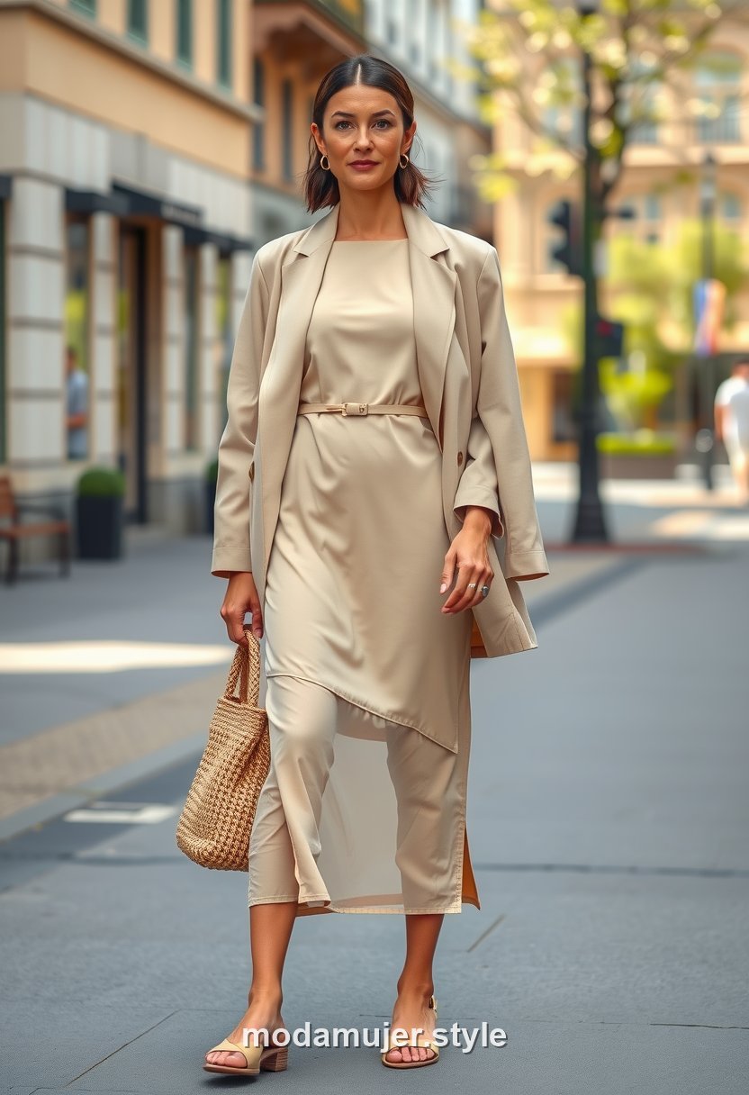 Mujer con look en tono arena para primavera