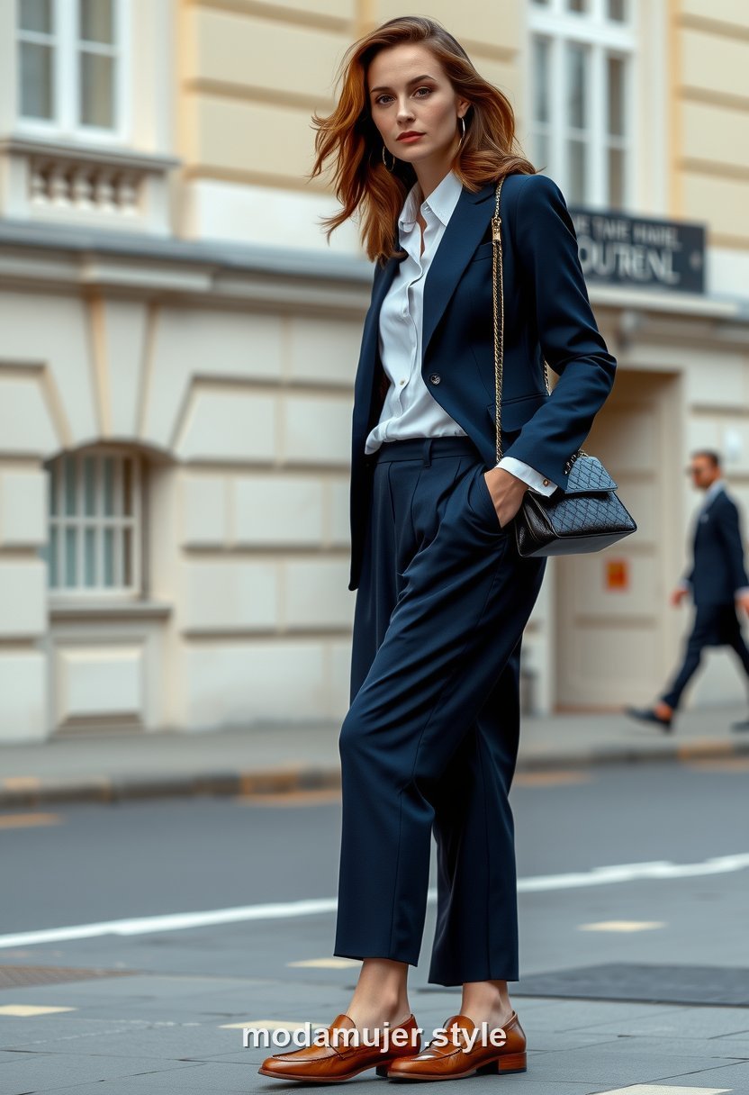Mujer con blazer azul marino y camisa blanca