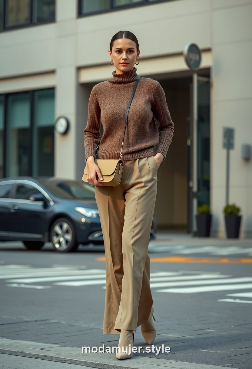 Mujer con look monocromático en tono taupe
