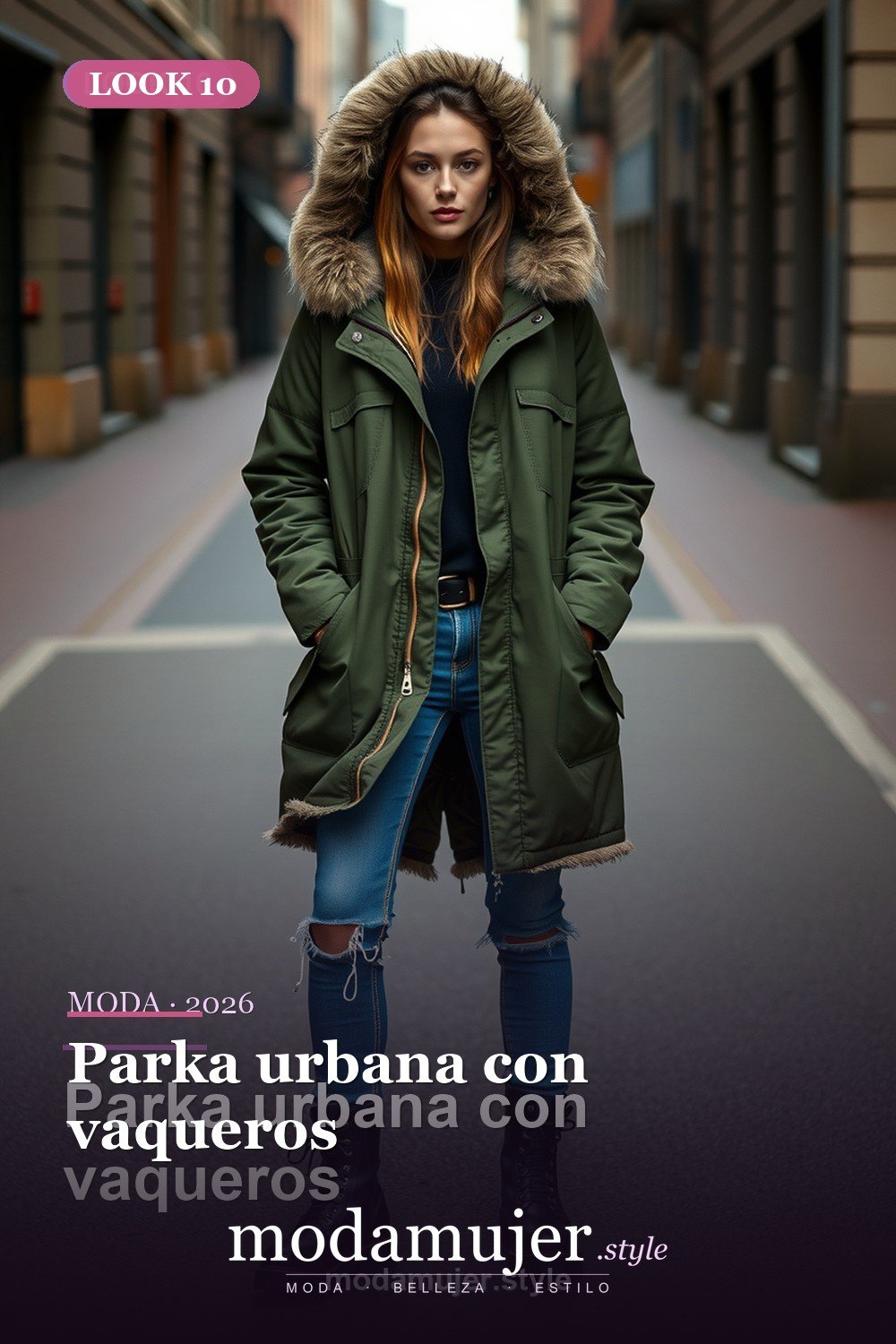 Parka urbana con vaqueros — 30 looks con abrigo para mujer en 2026: ideas de invierno