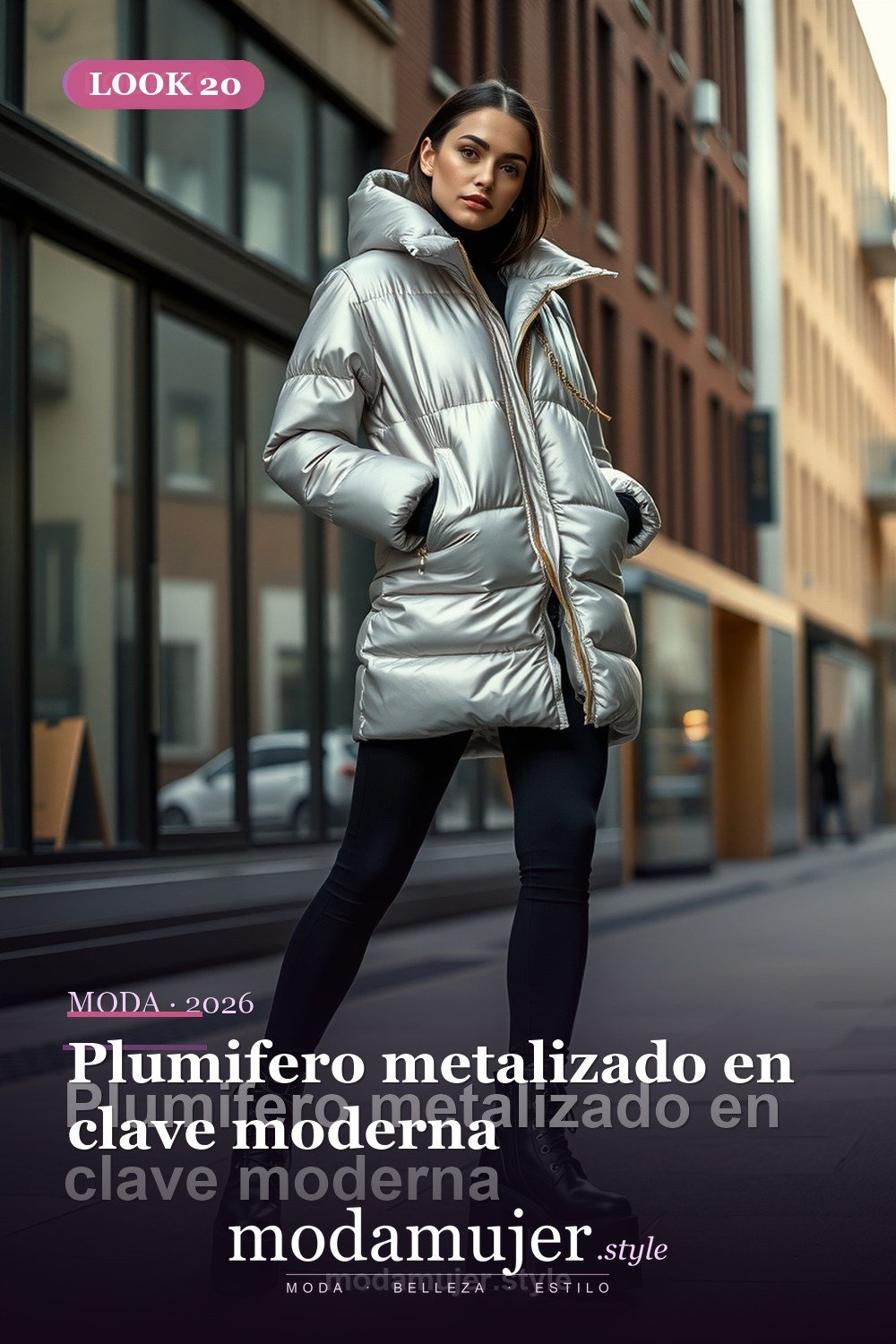 Plumifero metalizado en clave moderna — 30 looks con abrigo para mujer en 2026: ideas de invierno