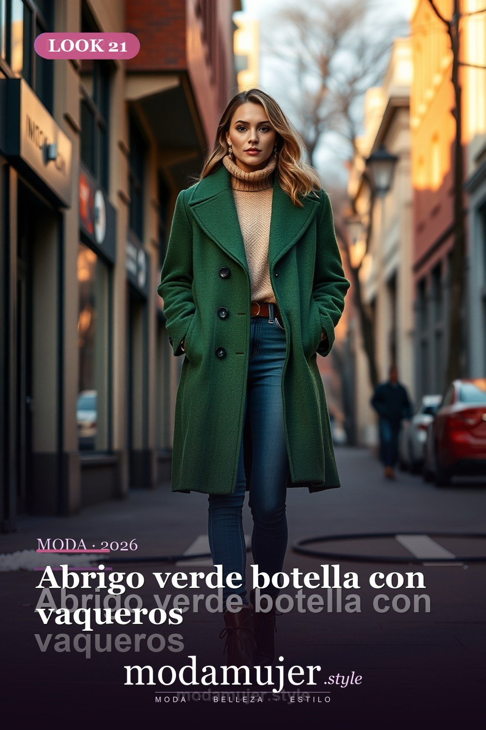 Abrigo verde botella con vaqueros — 30 looks con abrigo para mujer en 2026: ideas de invierno