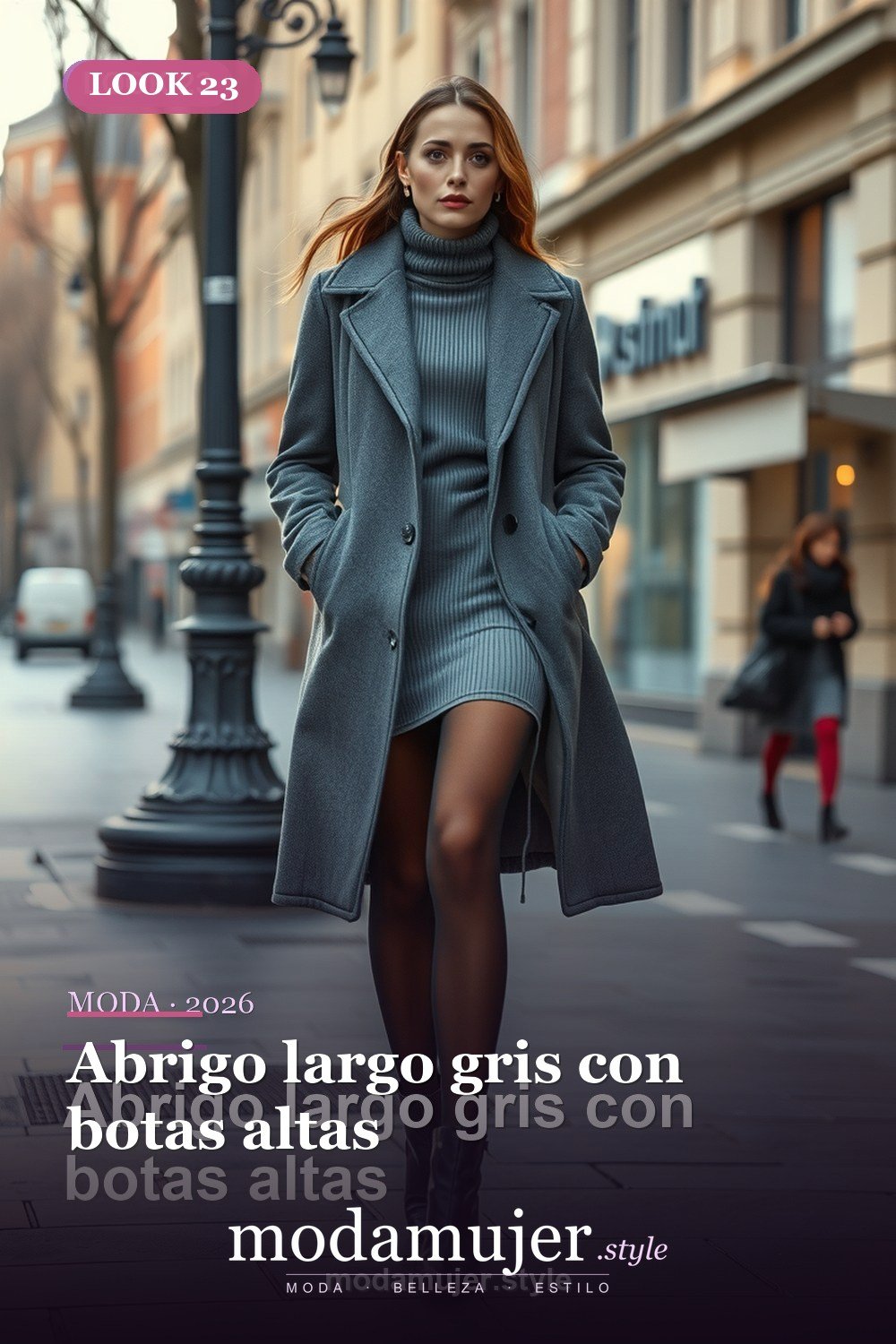 Abrigo largo gris con botas altas — 30 looks con abrigo para mujer en 2026: ideas de invierno