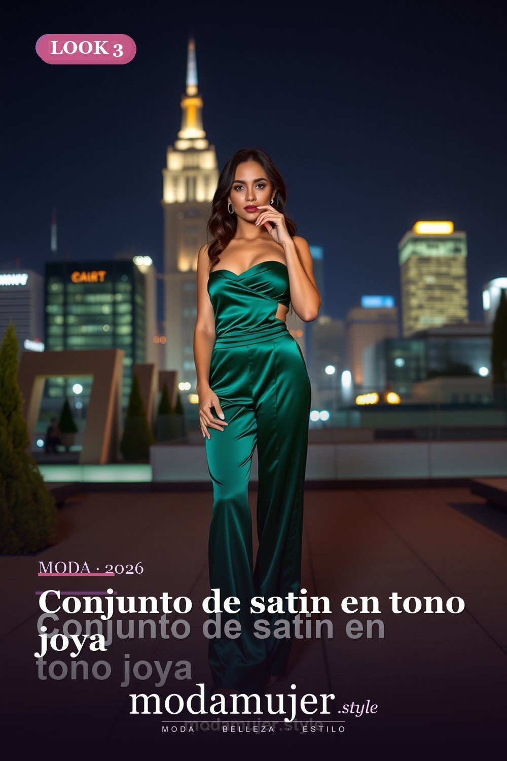 Conjunto de satin en tono joya — 30 looks de fiesta para mujer en 2026: ideas para eventos y noche