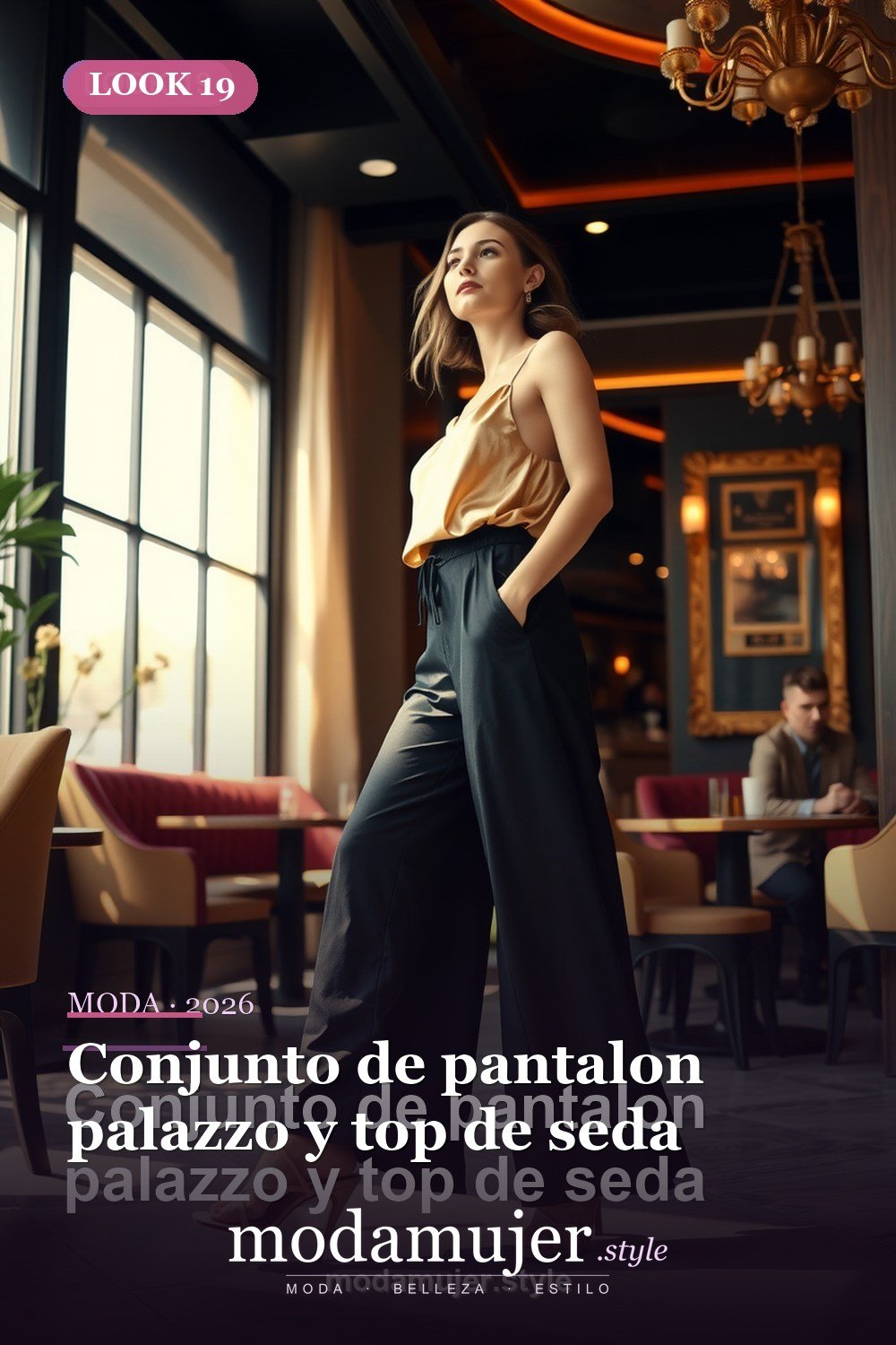Conjunto de pantalon palazzo y top de seda — 30 looks de fiesta para mujer en 2026: ideas para eventos y noche