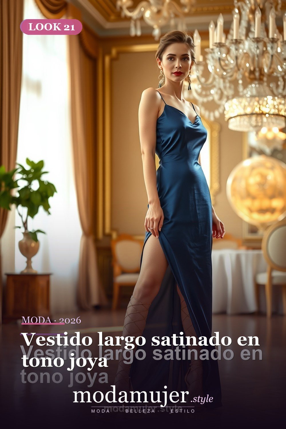 Vestido largo satinado en tono joya — 30 looks de fiesta para mujer en 2026: ideas para eventos y noche