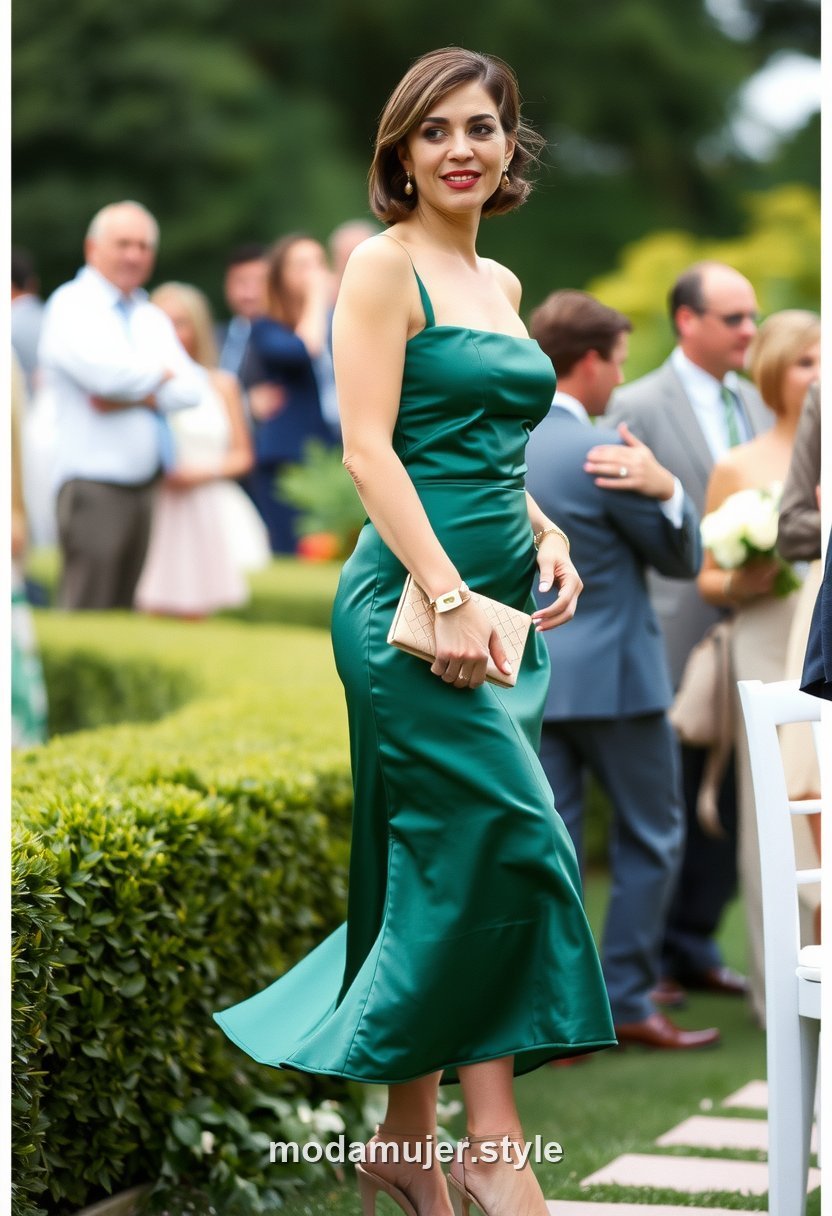 Mujer con vestido midi satinado verde esmeralda en el jardin de una boda