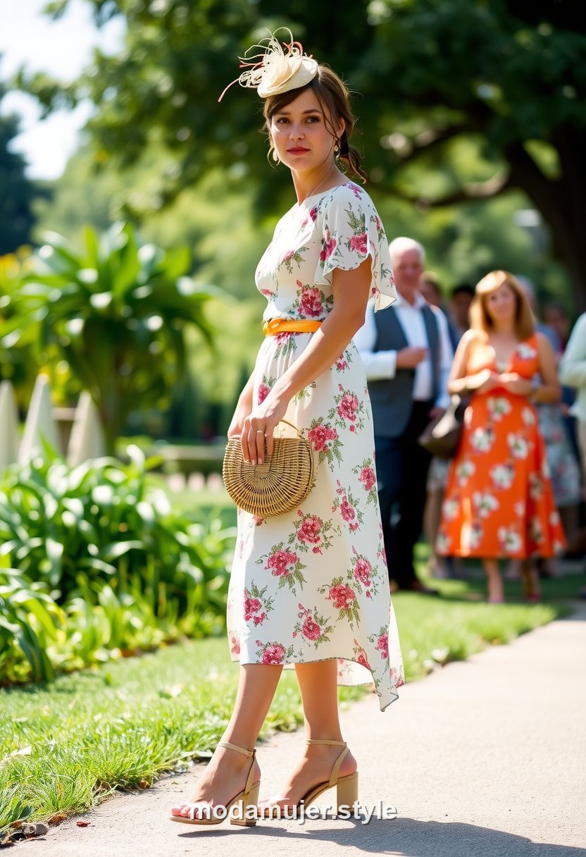 Mujer con vestido floral fluido y tocado en una boda de jardin a plena luz del dia