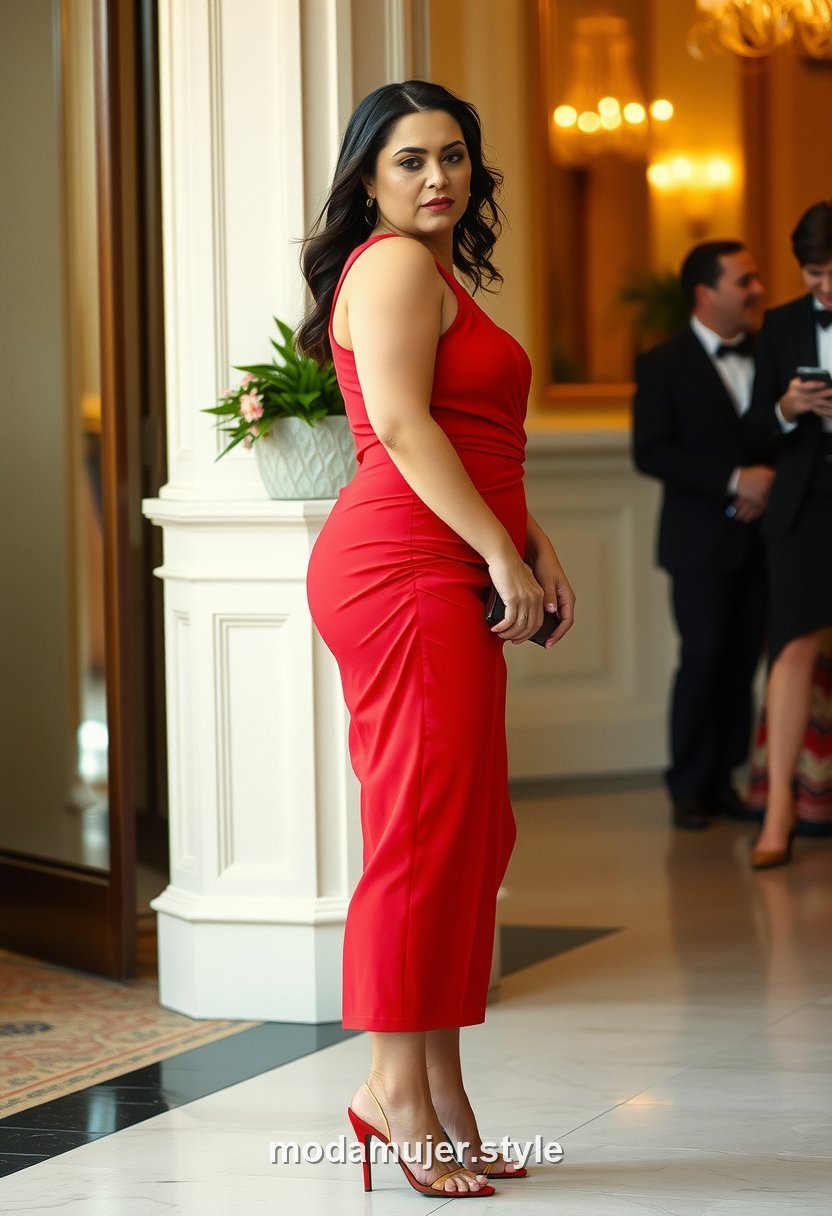 Mujer con vestido midi de coctel rojo en un coctel elegante