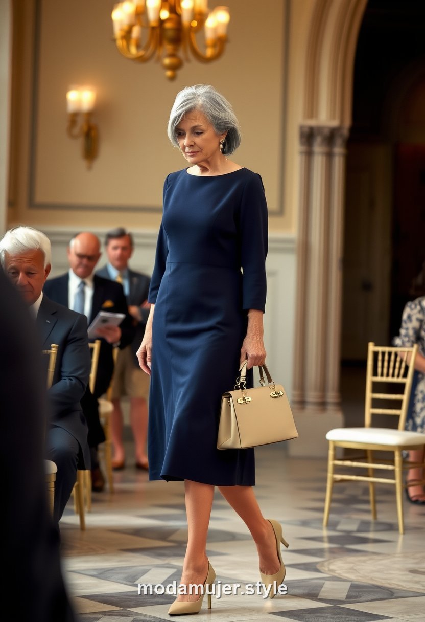 Mujer elegante de unos 55 anos con vestido clasico azul marino de manga francesa en una boda