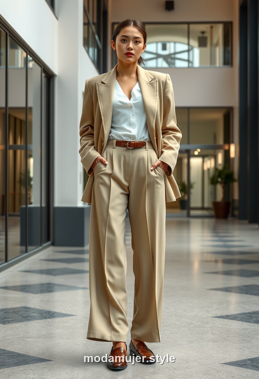 Mujer con blazer oversize beige y pantalon ancho en estilo business casual