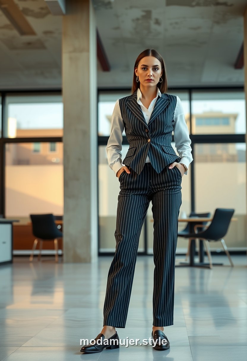 Mujer con chaleco sastre de raya diplomatica y pantalon a juego en la oficina