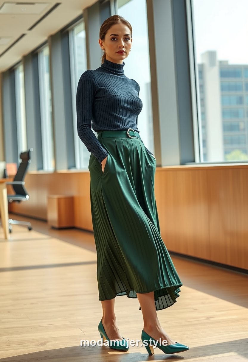 Mujer con falda midi plisada satinada y jersey fino en la oficina